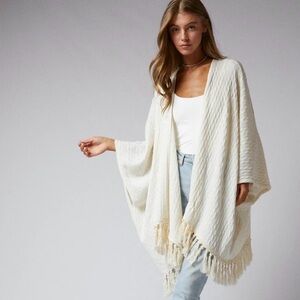 Sonoma Cream Knit Poncho with Fringe